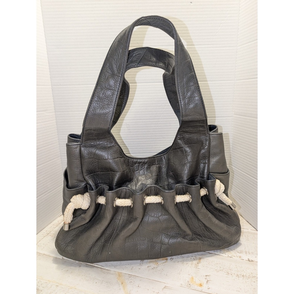 Adrienne Vittadini Embossed Croc Hobo Bag Dark Green With Rope Detail